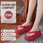 Thick-soled EVA flip-flops in red, worn with open-toe thong straps and thick sole