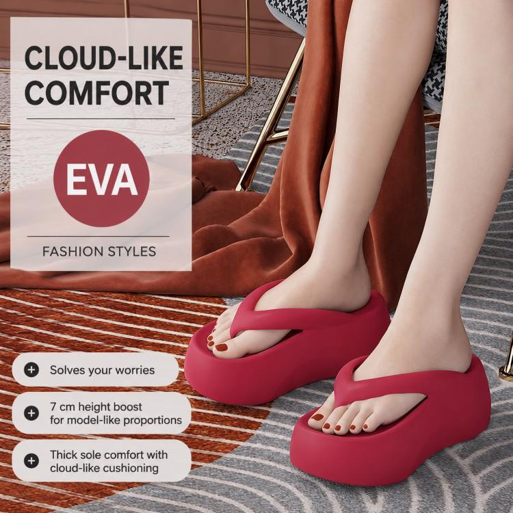 Thick-soled EVA flip-flops in red, worn with open-toe thong straps and thick sole