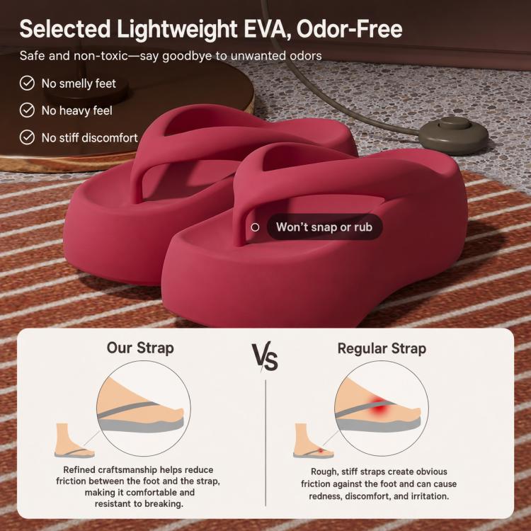 Thick-soled EVA flip-flops in red, molded straps and platform sole close-up