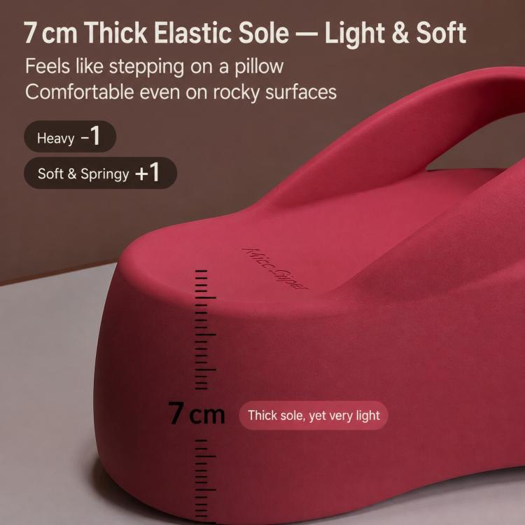Thick-soled EVA flip-flops in red, close-up of thick elastic platform sole