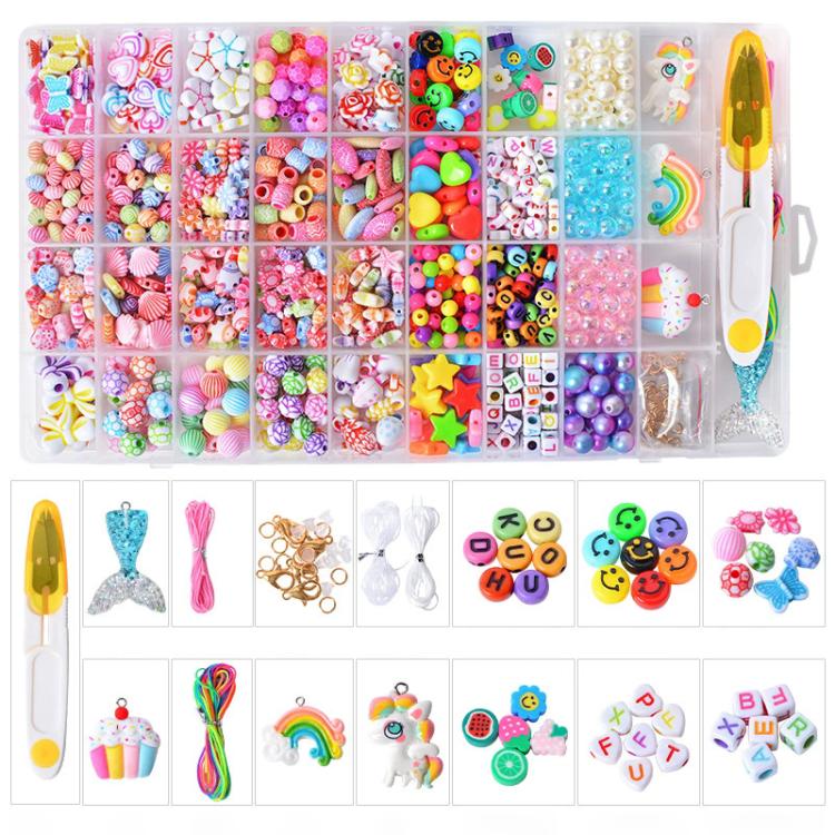 DIY beaded bracelet kit with mixed colorful beads, charms, and 36-compartment tray