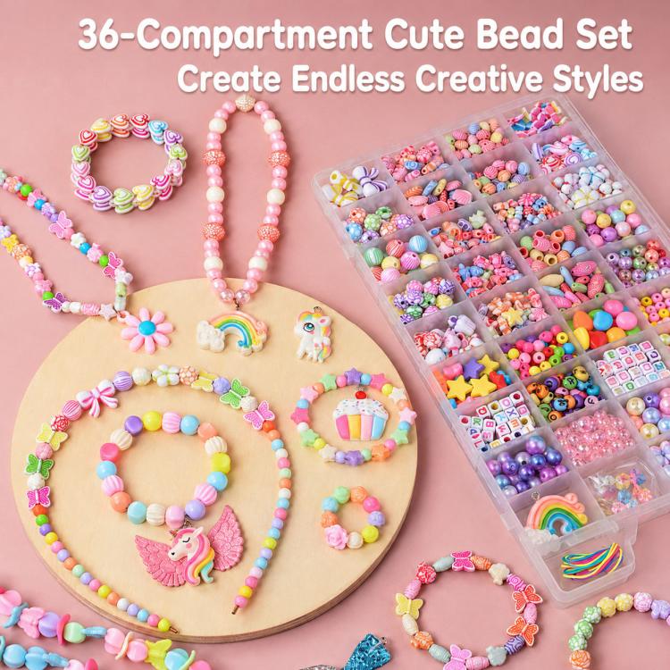 DIY beaded bracelet kit showing colorful bead necklaces and bracelets with cute charms