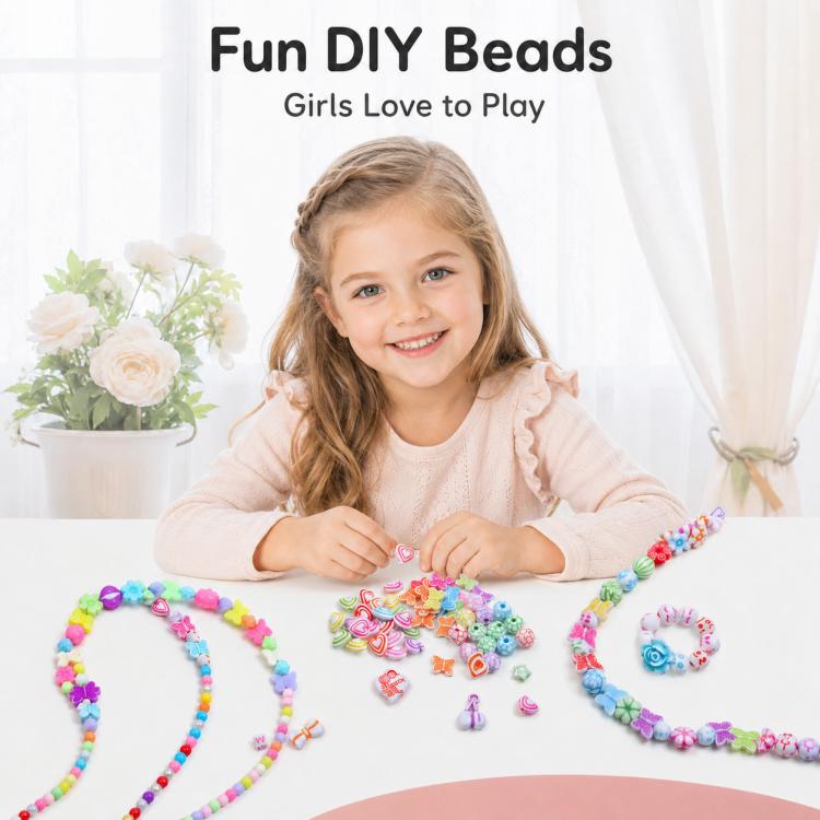 DIY beaded bracelet kit with child-made bead accessories on a beading craft set