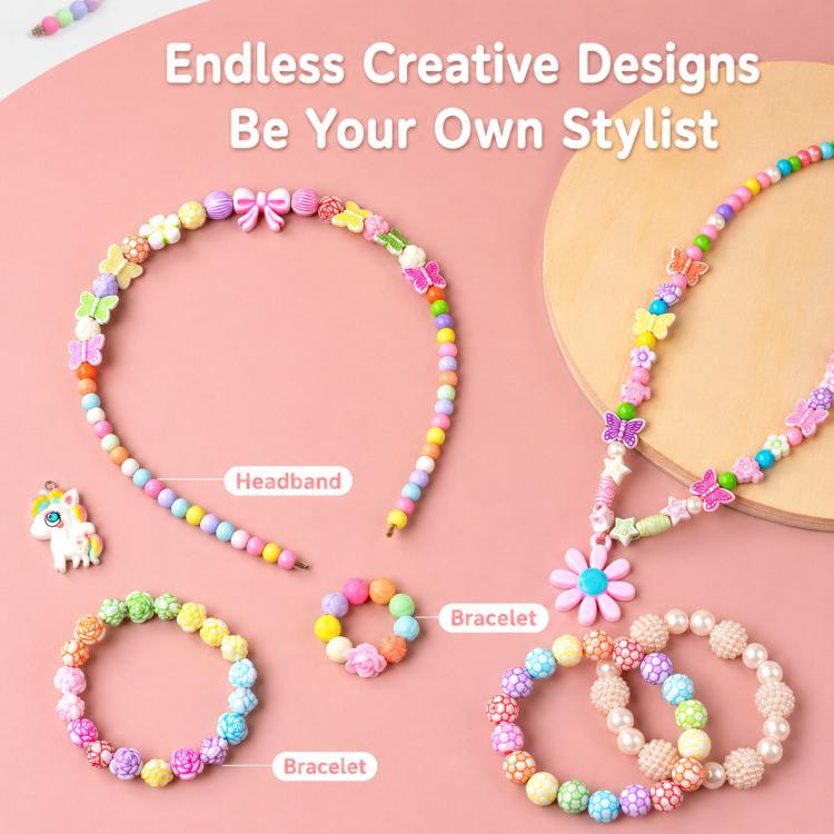 DIY beaded bracelet kit featuring a beaded headband and stacked bracelets with charms