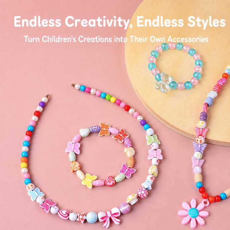 DIY beaded bracelet kit displaying colorful bead bracelets with flower and bow charms
