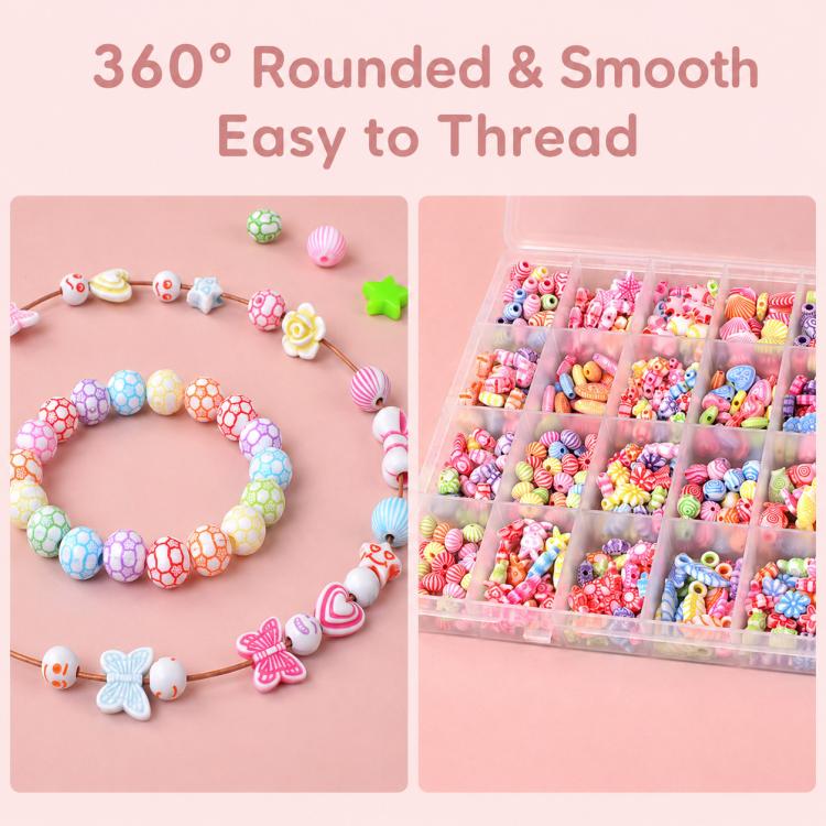 DIY beaded bracelet kit showing smooth beads on bracelets and organizer compartments