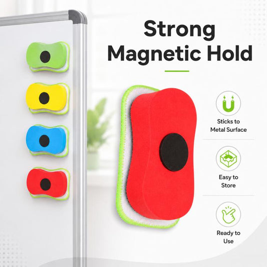 Red magnetic chalkboard eraser pad with black center, attached to metal surface