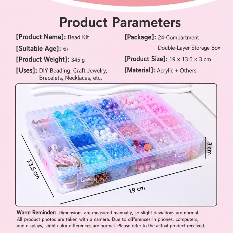 Bead craft kit package with double-layer storage box, size details, and materials label