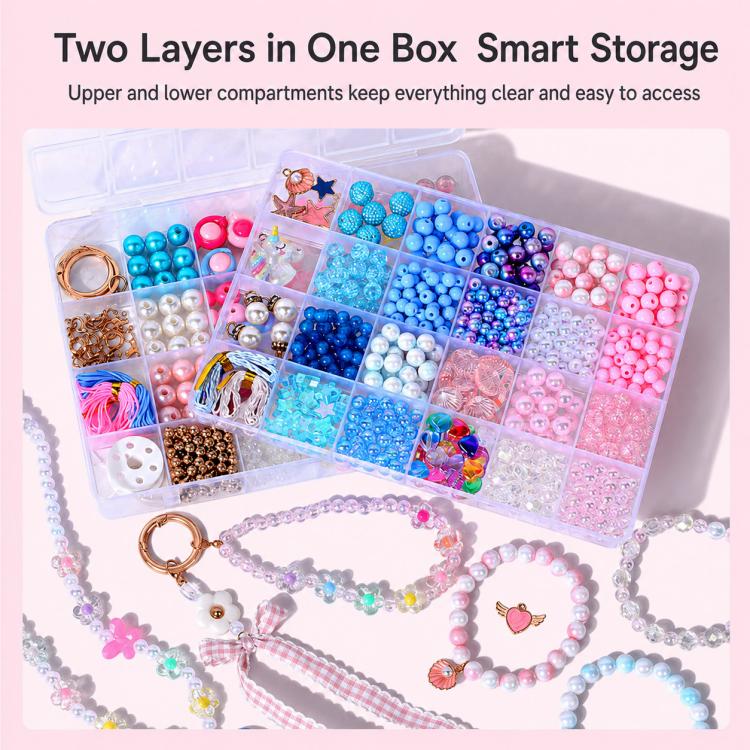 Double-layer bead storage box filled with assorted crystal beads and small charm pieces