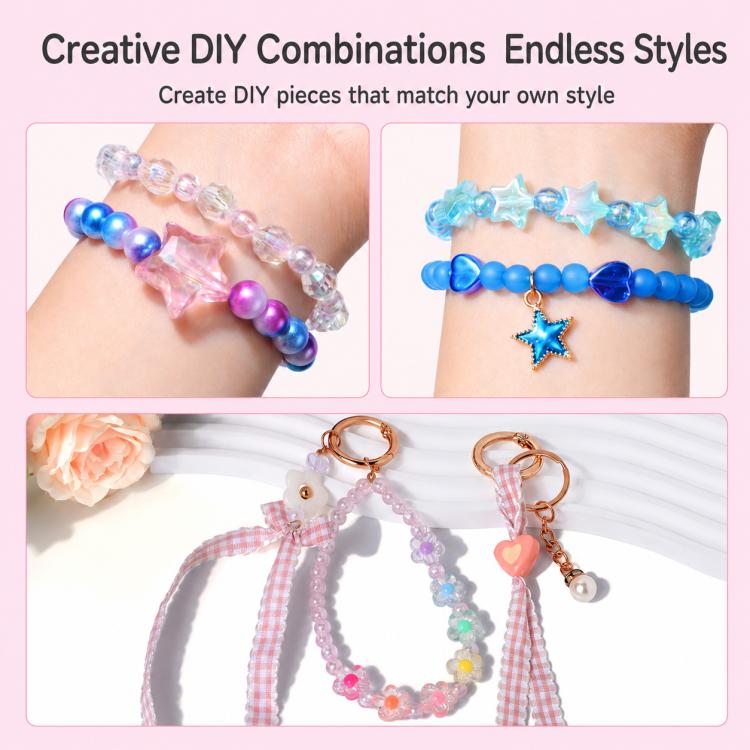 DIY beaded bracelets and keychain-style pieces with charm accents in blue and pink