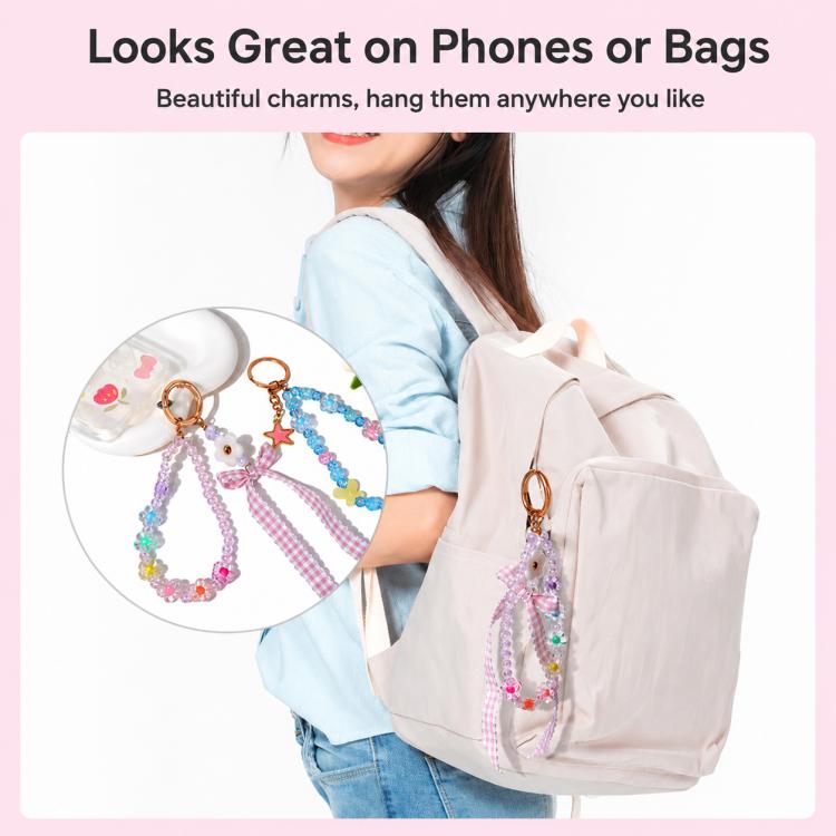 Beaded charm bracelets and keychain charms attached to tote handles and wrist