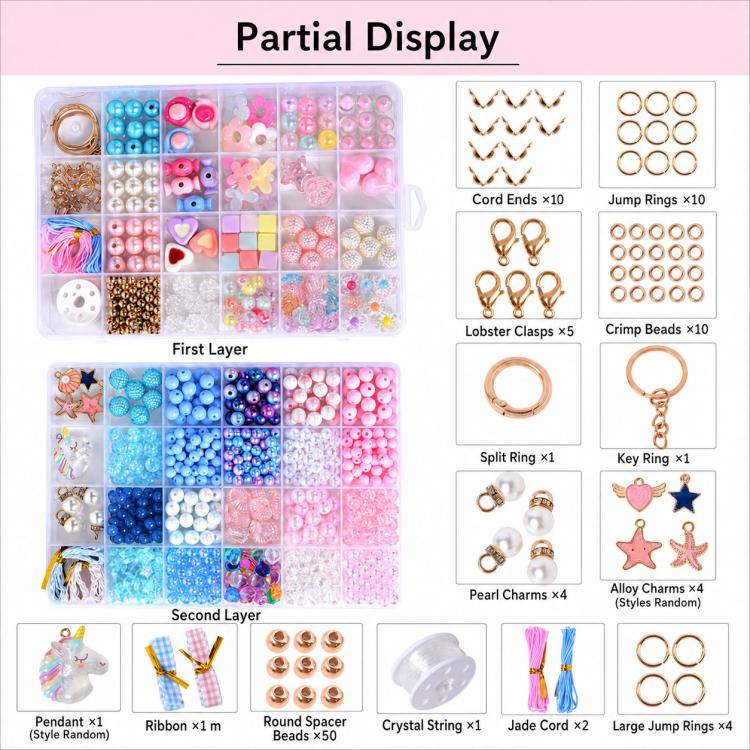 Double-layer bead kit contents with rings, clasps, cords, and charm pieces shown
