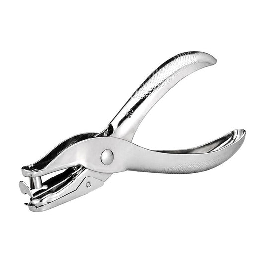 Chrome handheld single-hole punch with arched metal handles