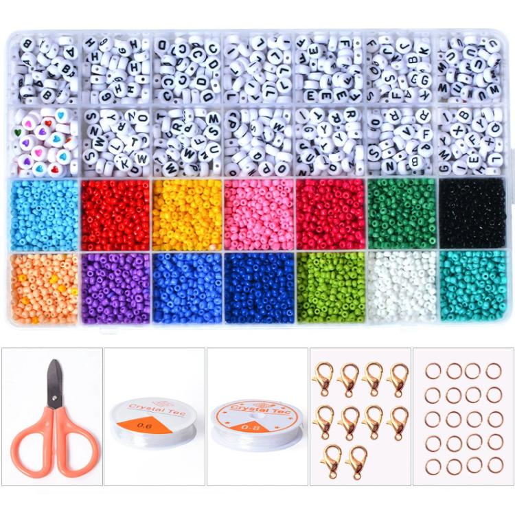 Bead organizer kit with letter beads and mixed seed beads in color compartments