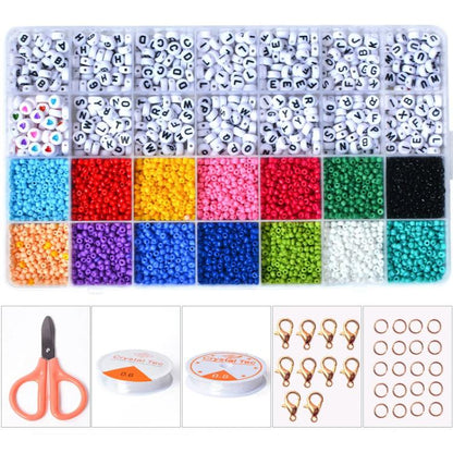 Bead organizer kit with letter beads and mixed seed beads in color compartments