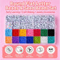 Round flat letter beads and seed beads set in a compartment box with colors