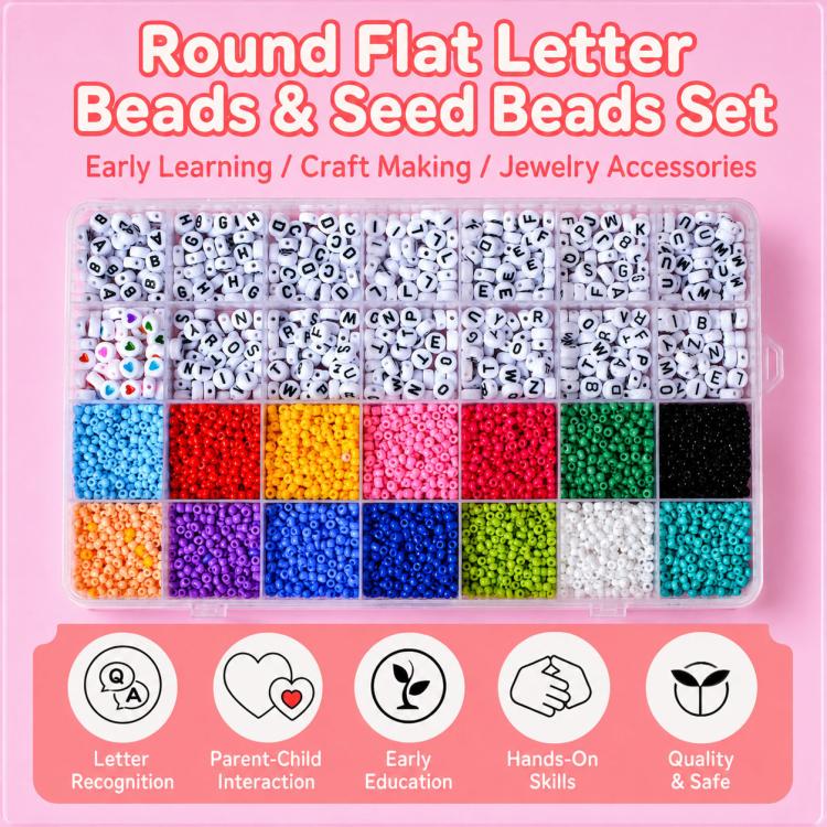 Round flat letter beads and seed beads set in a compartment box with colors