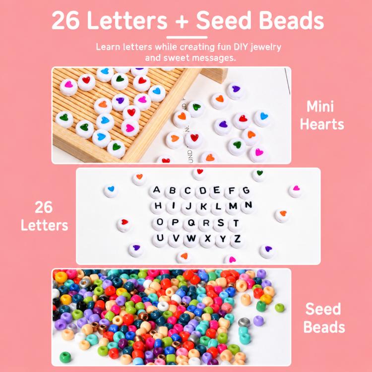 Letter beads set with mini heart beads and mixed seed beads for DIY jewelry