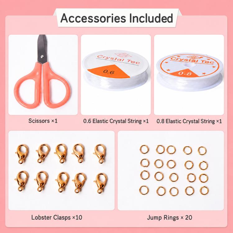 DIY bracelet accessories kit: scissors, elastic string, lobster clasps, jump rings