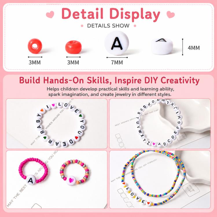 Letter and seed bead kit detail with bead sizes and finished bracelet samples