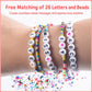 Colorful DIY letter bead bracelets on wrist with mixed seed bead accents