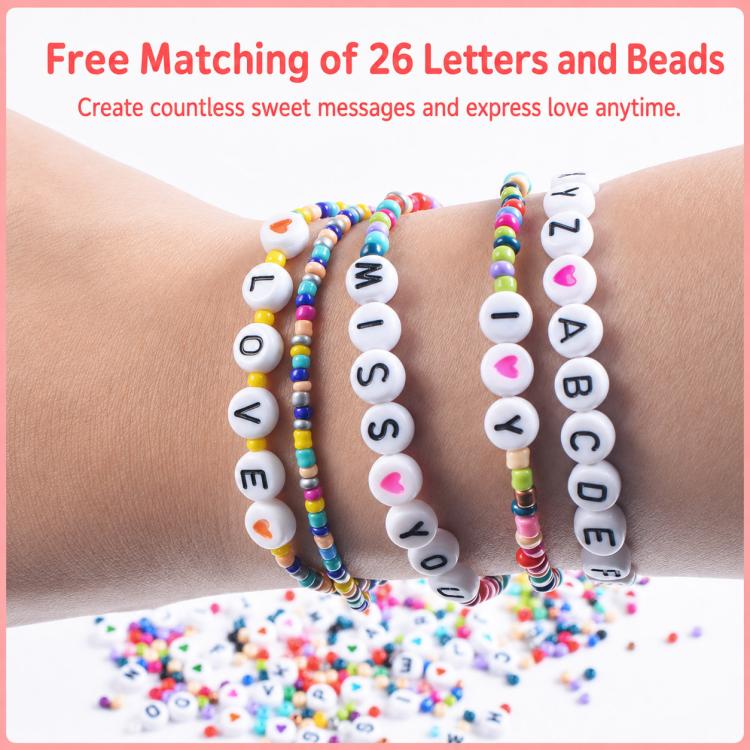 Colorful DIY letter bead bracelets on wrist with mixed seed bead accents