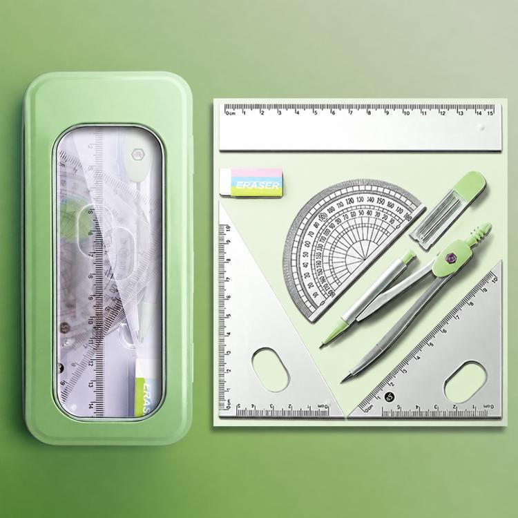 Fruit green compass and ruler set in slim plastic case with measuring tools