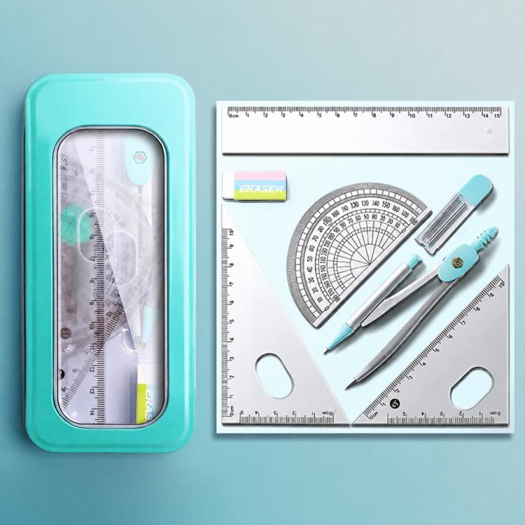Blue green compass and ruler set in slim plastic case with rulers and compass