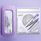 Purple compass and ruler set in slim plastic case with rulers and compass