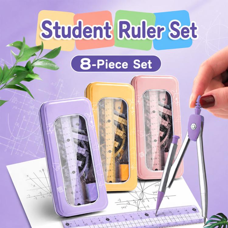 8-piece student compass and ruler set with multiple colored cases and drawing tools