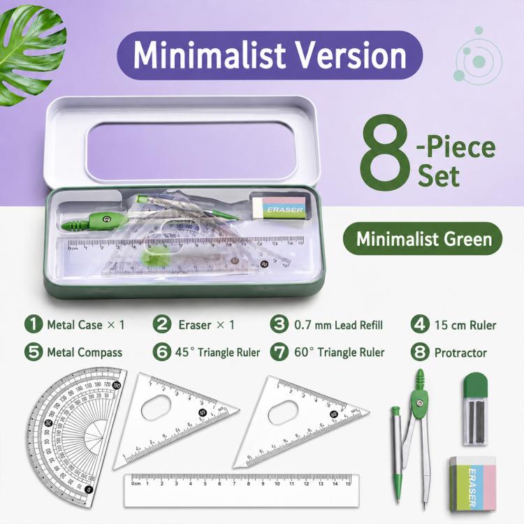 Green compass and ruler set with triangle rulers, protractor, and refill lead