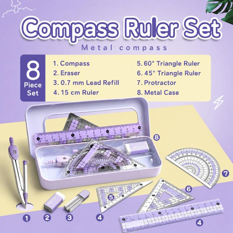 Compass and ruler kit with metal compass, triangle rulers, protractor and metal case