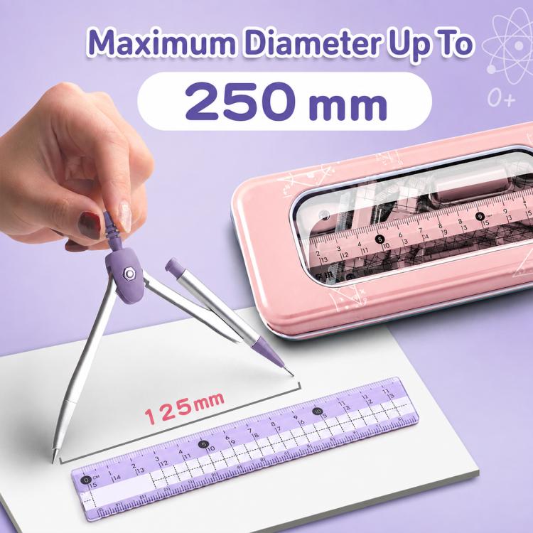 Compass drawing with ruler alongside a pink storage case for lead refills