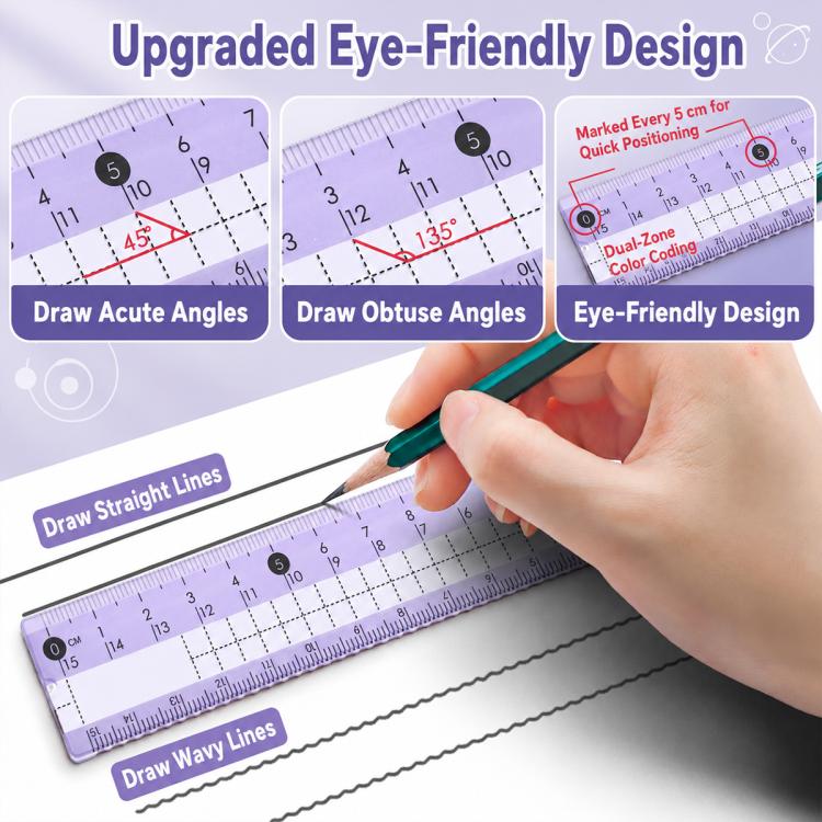 Purple compass and ruler set for students with angle and line drawing scales