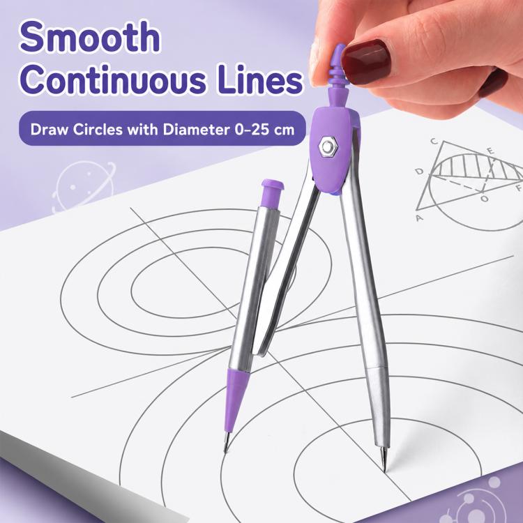 Purple-tipped compass and ruler for drawing circles with measurement lines