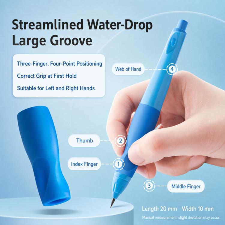 Blue correction mechanical pencil with ergonomic water-drop grip, held in hand