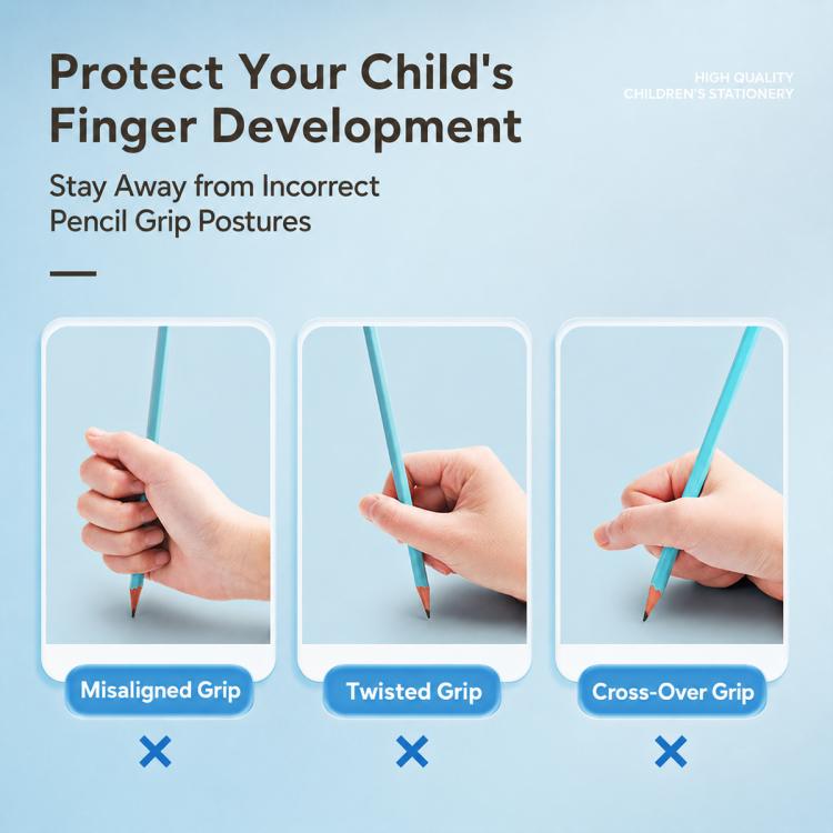 Three hand grip positions with blue kids correction mechanical pencils
