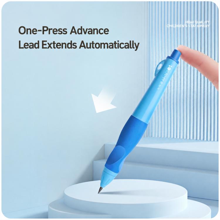 Blue correction mechanical pencil with one-press lead advance, held above paper