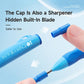 Blue posture correction mechanical pencil with retractable lead and cap sharpener.