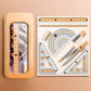 Orange plastic case with compass, protractor, rulers, and triangle set