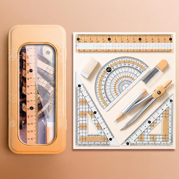 Orange plastic case with compass, protractor, rulers, and triangle set