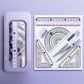 Lavender plastic case with compass, protractor, rulers, and triangle guides