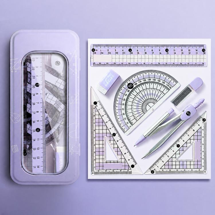 Lavender plastic case with compass, protractor, rulers, and triangle guides