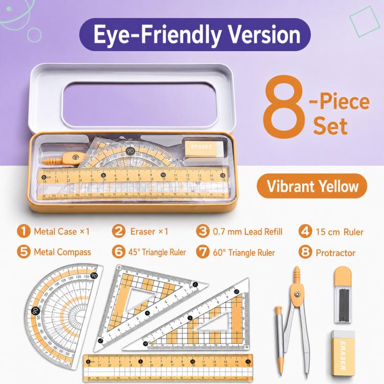 Yellow 8-piece compass and ruler set in metal case with compass, ruler and protractor