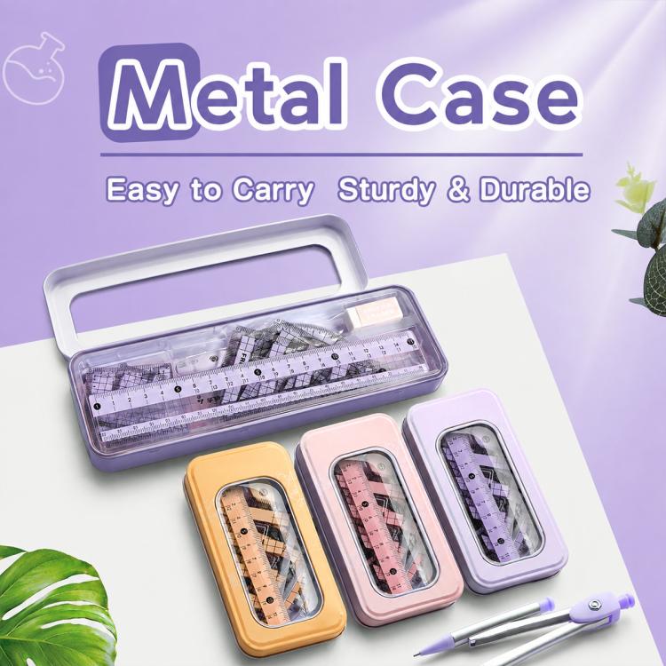 Metal storage case with transparent compartments and compass plus rulers