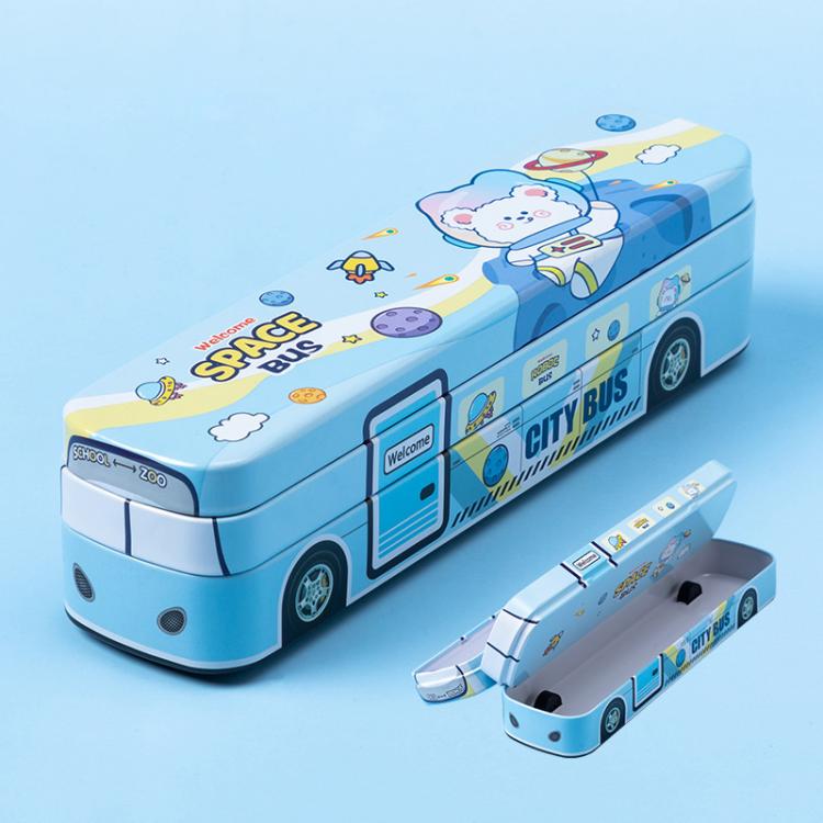 Blue cartoon bus double-layer metal pencil box with illustrated city and space design
