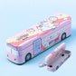 Pink cartoon bus double-layer metal pencil box with smiling character illustration