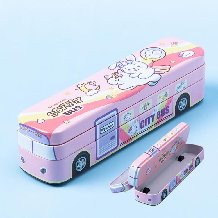Pink cartoon bus double-layer metal pencil box with smiling character illustration