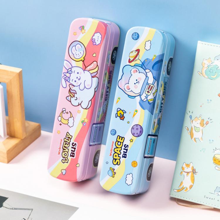Pink and blue cartoon bus metal pencil boxes standing side by side with character graphics