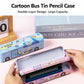 Pink and blue cartoon bus metal pencil boxes open, showing double-layer interior